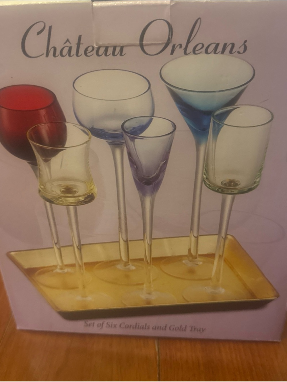 VTG Chateau Orleans Cordial Set of 6 Multi Color Glass Gold Tray NIB - Picture 3 of 9